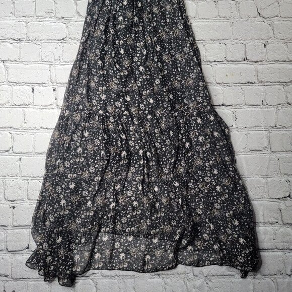 Le Ragazze Silk Black Small Floral Print Tiered Hem Ruffle Sleeve Maxi Dress Med - Picture 3 of 11